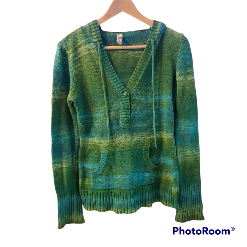 Green & blue 3 button hooded sweater with front pocket Med